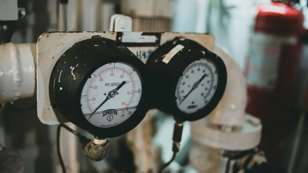 Close-up of industrial pressure gauges