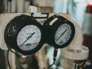 Close-up of industrial pressure gauges