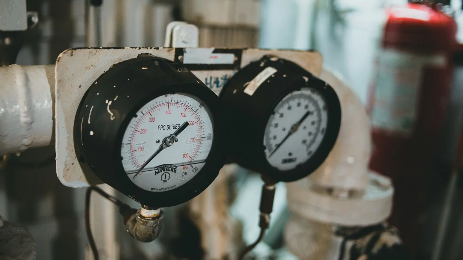 Close-up of industrial pressure gauges