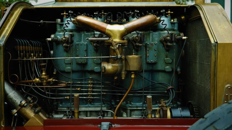 Detailed view of a vintage multi-cylinder engine