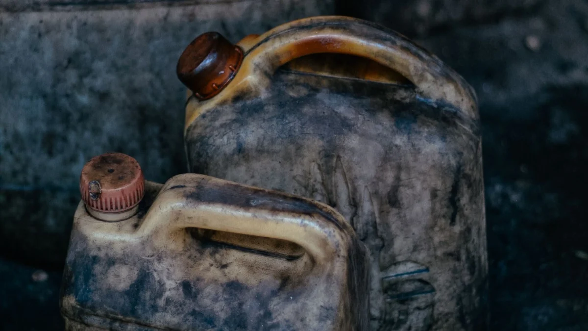 Old metal fuel canisters in a workshop