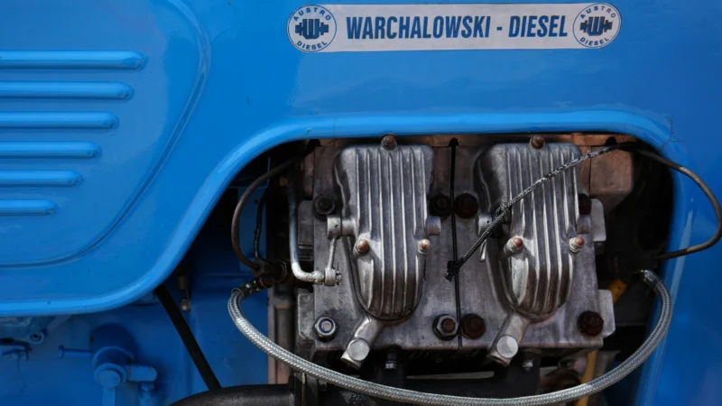 Close-up of a blue diesel engine