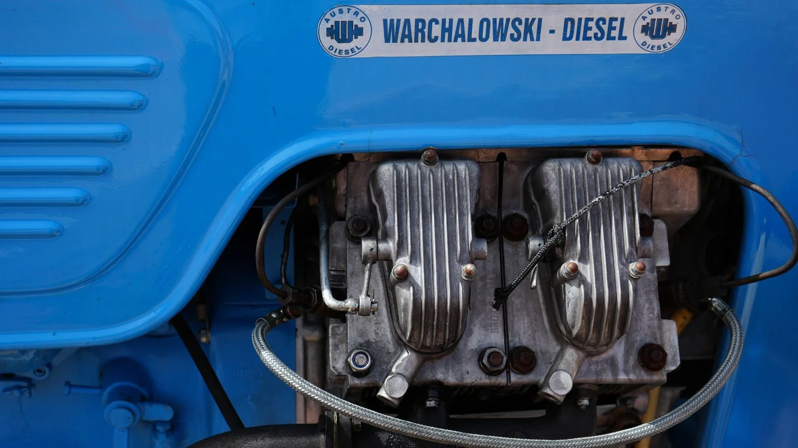 Close-up of a blue diesel engine