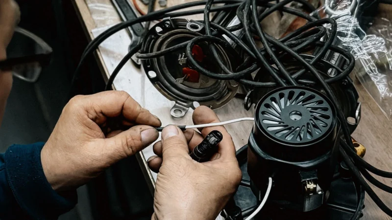 Technician repairing the wiring of a small engine
