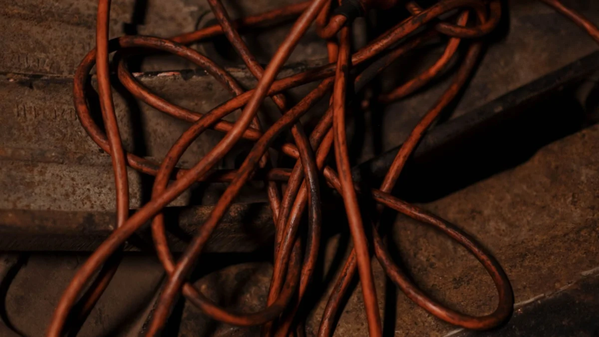 Coiled orange extension cords on a wooden floor