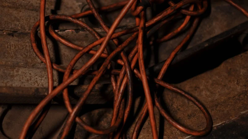 Coiled orange extension cords on a wooden floor