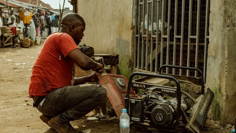 Man in a red shirt repairing a portable generator