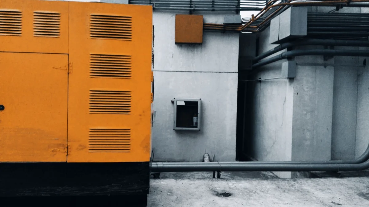 Orange enclosed generator set installed outside a building