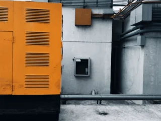Orange enclosed generator set installed outside a building