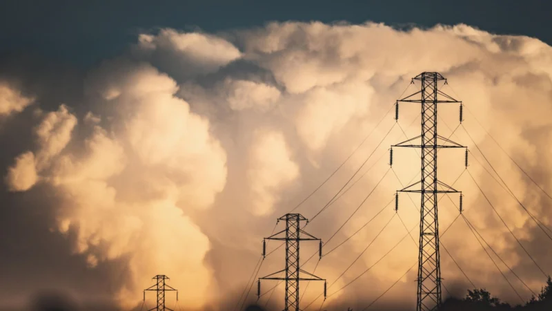 High-voltage power lines and towers against a dramatic sky